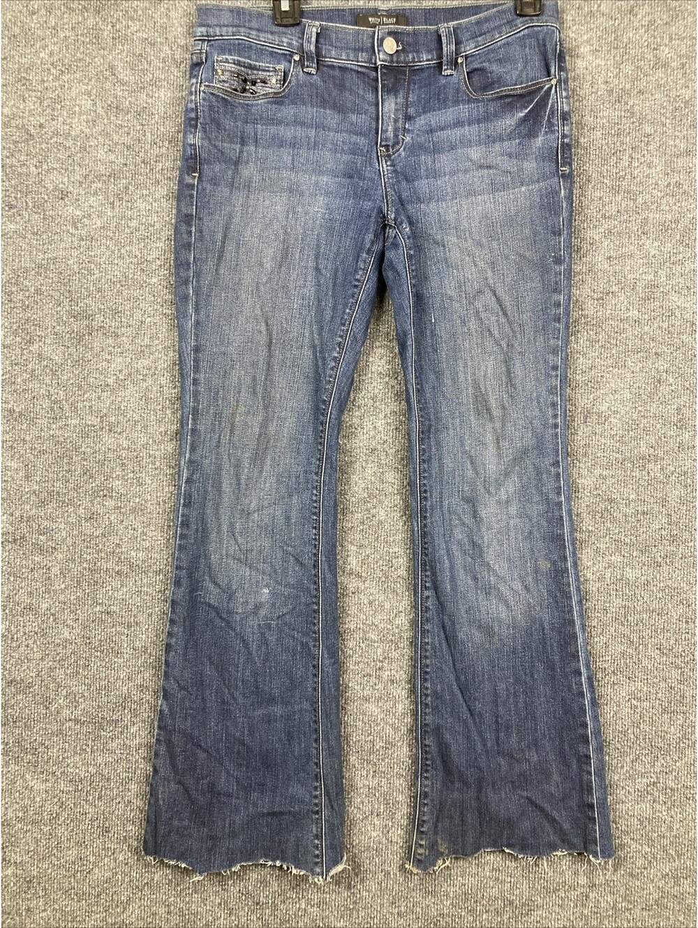 White House Black Market  Womens 8R Noir Flare Beaded Cut Off Hem Blue Jeans